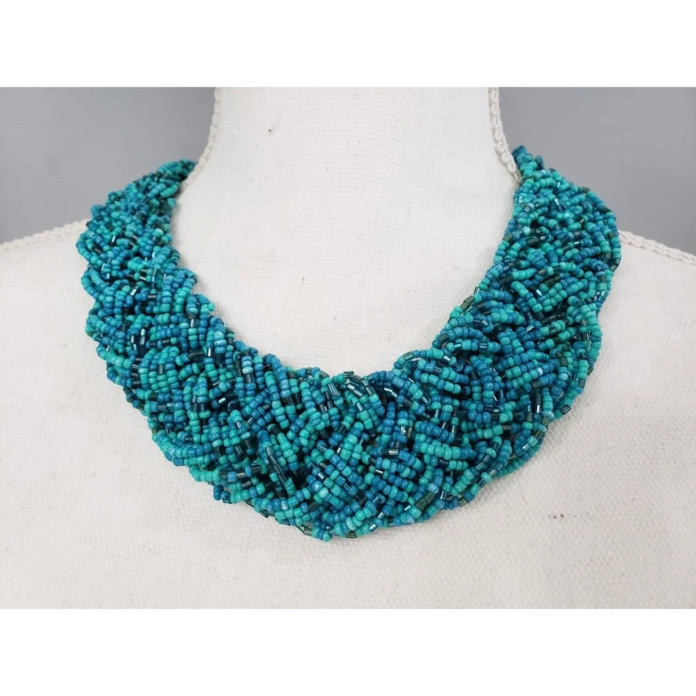 Blue Glass Seed Bead Necklace Braided Turquoise Colors‎ Boho Bohemian Chunky